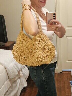 Boho Raffia Floral Crochet Shoulder Bag Natural Tan